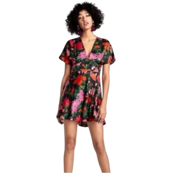 Zara Dresses & Skirts - Zara Black Floral V Neck Short Sleeve Mini Dress Side Zip Pink Orange Size Med
